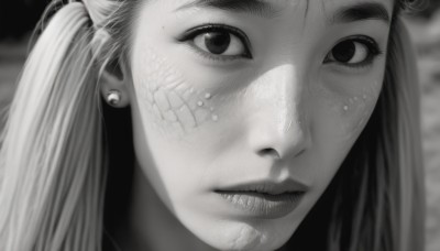 1girl,solo,long hair,looking at viewer,twintails,jewelry,closed mouth,monochrome,greyscale,earrings,parted lips,blurry,lips,eyelashes,depth of field,blurry background,piercing,ear piercing,portrait,close-up,freckles,realistic,nose,stud earrings,scales,mole