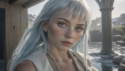 1girl,solo,long hair,looking at viewer,brown eyes,closed mouth,green eyes,collarbone,upper body,white hair,outdoors,sleeveless,water,blurry,lips,eyelashes,scar,portrait,freckles,realistic,nose,pillar,bangs,sky,day,blurry background,close-up