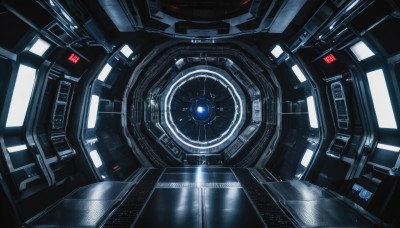 solo,no humans,glowing,robot,machinery,reflection,science fiction,realistic,spacecraft,cockpit,indoors,scenery,mecha,close-up,machine