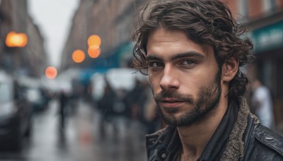 solo,looking at viewer,short hair,brown hair,1boy,jacket,upper body,male focus,solo focus,blurry,black eyes,depth of field,blurry background,facial hair,portrait,beard,curly hair,realistic,leather,leather jacket,closed mouth,outdoors,lips,grey eyes,motor vehicle,mustache,bokeh,denim jacket