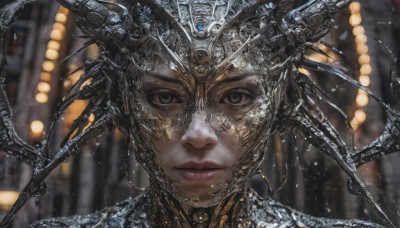 1girl,solo,looking at viewer,short hair,black hair,brown eyes,closed mouth,armor,mole,blurry,black eyes,lips,dutch angle,mole under eye,depth of field,blurry background,headgear,helmet,portrait,close-up,science fiction,realistic,straight-on,jewelry,earrings,grey eyes,headpiece,gold