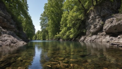 outdoors,sky,day,cloud,water,tree,blue sky,no humans,sunlight,nature,scenery,forest,reflection,rock,river,waterfall,landscape,lake,plant,reflective water,stream