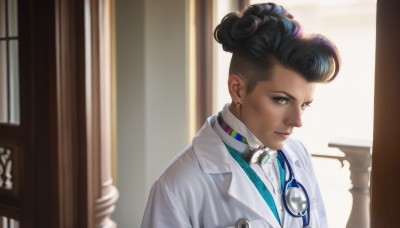 solo,looking at viewer,smile,black hair,1boy,jewelry,closed mouth,upper body,male focus,earrings,glasses,indoors,dark skin,hair bun,dark-skinned female,lips,formal,dark-skinned male,realistic,labcoat,eyewear removed,very dark skin,stethoscope,dreadlocks,doctor,1girl,shirt,blurry,backlighting,nose,pillar,pompadour