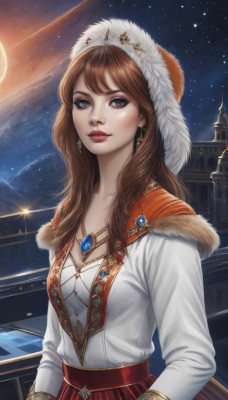 1girl,solo,long hair,breasts,looking at viewer,bangs,blue eyes,skirt,brown hair,shirt,long sleeves,hat,cleavage,brown eyes,jewelry,medium breasts,collarbone,white shirt,upper body,earrings,outdoors,parted lips,sky,signature,necklace,lips,sash,fur trim,makeup,night,red skirt,moon,lipstick,gem,star (sky),night sky,full moon,pendant,starry sky,mountain,nose,railing,red lips,planet,fur hat,dress,green eyes,artist name,hood,tiara,realistic