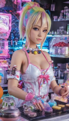 1girl,solo,breasts,looking at viewer,smile,short hair,blue eyes,blonde hair,gloves,dress,cleavage,bare shoulders,jewelry,medium breasts,ponytail,pink hair,multicolored hair,food,fingerless gloves,necklace,bracelet,two-tone hair,lips,makeup,fruit,bottle,spaghetti strap,pink gloves,jar,bangs,bow,closed mouth,upper body,small breasts,sleeveless,artist name,indoors,streaked hair,fingernails,watermark,scrunchie,high ponytail,pink bow,wristband,armband,pink nails,science fiction,pink lips,realistic,nose,shelf,shop,cyberpunk,neon lights