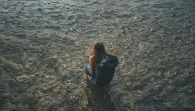 1girl, solo, long hair, brown hair, sitting, jacket, outdoors, shoes, pants, water, bag, from behind, from above, squatting, denim, jeans, blue pants, facing away