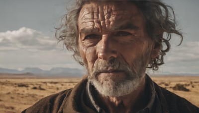 solo,looking at viewer,short hair,shirt,1boy,closed mouth,jacket,grey hair,male focus,outdoors,sky,day,cloud,blurry,blurry background,facial hair,portrait,beard,brown jacket,realistic,mustache,manly,old,old man,desert,wrinkled skin,black eyes,scar,cloudy sky