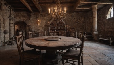 indoors,no humans,window,chair,table,sunlight,scenery,wooden floor,stairs,fantasy,candle,architecture,stool,pillar,carpet,arch,candlestand,chandelier,wooden chair,day,fire,tile floor,ruins,throne,statue,column,stone floor