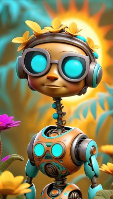 solo,looking at viewer,smile,blue eyes,1boy,flower,male focus,artist name,blurry,no humans,blurry background,glowing,bug,robot,goggles,butterfly,mecha,sun,humanoid robot,hair ornament,upper body,hair flower,1other,joints,non-humanoid robot