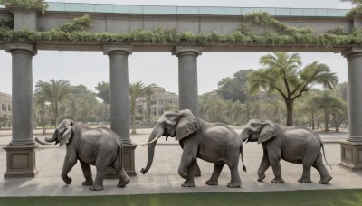 outdoors,sky,day,tree,no humans,animal,plant,building,scenery,palm tree,ruins,pillar,statue,column,cow,standing,realistic,elephant