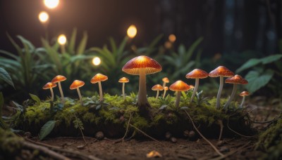 outdoors,blurry,tree,no humans,night,depth of field,blurry background,leaf,grass,plant,nature,scenery,forest,light,bush,mushroom,day,sunlight,light rays,moss