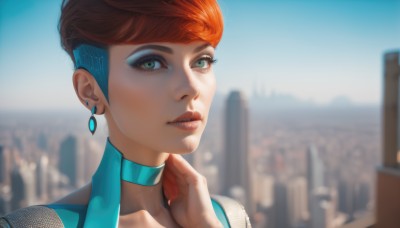 1girl,solo,looking at viewer,short hair,jewelry,green eyes,collarbone,red hair,earrings,outdoors,parted lips,sky,choker,day,orange hair,blurry,lips,eyelashes,makeup,blurry background,headband,lipstick,portrait,eyeshadow,city,realistic,nose,eyeliner,undercut,blue choker,pompadour,mascara,brown hair,upper body,teeth,artist name,hand up,two-tone hair,blue sky,cityscape