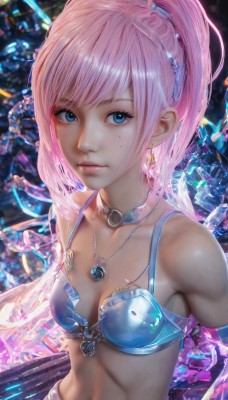 1girl,solo,long hair,breasts,looking at viewer,bangs,blue eyes,hair ornament,navel,cleavage,bare shoulders,jewelry,medium breasts,closed mouth,underwear,collarbone,swimsuit,upper body,ponytail,pink hair,earrings,small breasts,choker,midriff,shiny,necklace,bra,armor,lips,high ponytail,gem,pendant,freckles,realistic,nose,blue bra,bikini armor,sidelocks,bikini,artist name,mole,blurry,eyelashes,makeup,watermark,blue bikini,crystal,pink lips