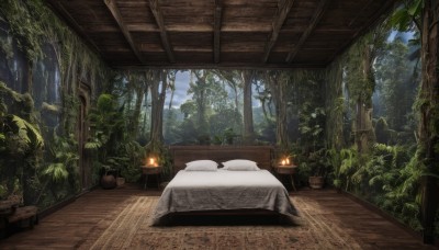 outdoors,sky,day,cloud,indoors,tree,blue sky,pillow,no humans,bed,table,sunlight,plant,nature,scenery,forest,wooden floor,blanket,potted plant,moss,candle,bedroom,rug,log