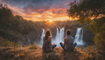 1girl, long hair, short hair, brown hair, black hair, 1boy, sitting, outdoors, sky, sleeveless, cloud, water, from behind, tree, tank top, nature, scenery, sunset, mountain, indian style, waterfall