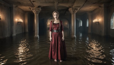 1girl,solo,long hair,looking at viewer,brown hair,dress,jewelry,standing,collarbone,barefoot,belt,indoors,water,necklace,red dress,reflection,walking,arms at sides,candle,pillar,hallway,arch,chandelier,breasts,blonde hair,medium breasts,window,makeup,lipstick,realistic,red lips