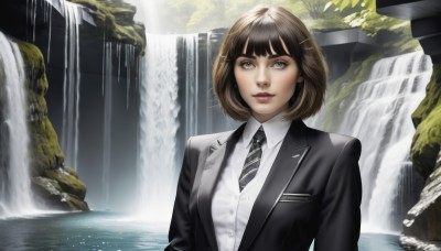 1girl,solo,breasts,looking at viewer,smile,short hair,bangs,brown hair,shirt,hair ornament,long sleeves,jacket,white shirt,upper body,outdoors,parted lips,open clothes,necktie,day,hairclip,striped,collared shirt,signature,blunt bangs,water,open jacket,lips,black jacket,grey eyes,dress shirt,formal,bob cut,blazer,suit,black necktie,realistic,nose,striped necktie,waterfall,blue eyes,black hair,closed mouth,green eyes,artist name,eyelashes,makeup,wing collar,scenery,suit jacket