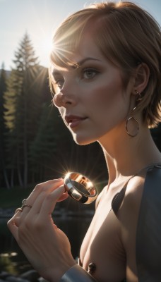 1girl,solo,breasts,looking at viewer,short hair,blonde hair,brown hair,holding,brown eyes,jewelry,nipples,upper body,earrings,outdoors,day,blurry,tree,lips,tattoo,depth of field,blurry background,piercing,sunlight,ring,freckles,hoop earrings,glint,realistic,nose,nipple piercing,very short hair,coin,smile,1boy,parted lips,necklace,from side,eyelashes,nature