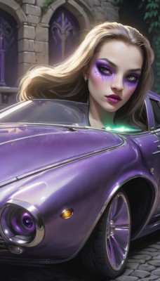 1girl,solo,long hair,looking at viewer,blonde hair,brown hair,jewelry,purple eyes,earrings,parted lips,artist name,lips,eyelashes,makeup,facial mark,lipstick,ground vehicle,motor vehicle,eyeshadow,nose,car,eyeliner,vehicle focus,purple lips,mascara,sports car,bodysuit,glowing,realistic