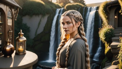 1girl,solo,long hair,blue eyes,blonde hair,brown hair,long sleeves,dress,jewelry,upper body,braid,grey hair,earrings,outdoors,indoors,water,twin braids,from side,tree,lips,table,plant,scenery,hair over shoulder,lantern,realistic,nose,lamp,candle,waterfall,looking at viewer,closed mouth,window