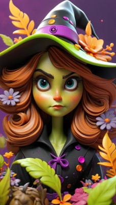 1girl,solo,long hair,looking at viewer,blue eyes,brown hair,hair ornament,hat,ribbon,closed mouth,green eyes,upper body,flower,red hair,hair flower,orange hair,lips,eyelashes,black headwear,makeup,witch hat,buttons,colored skin,leaf,thick eyebrows,white flower,lipstick,pink flower,freckles,purple background,curly hair,yellow flower,nose,purple flower,purple ribbon,witch,green skin,sanpaku,orange flower,daisy,goblin,artist name,blurry,black dress,depth of field,watermark,web address