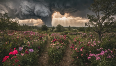 flower, outdoors, sky, cloud, tree, no humans, sunlight, cloudy sky, grass, nature, scenery, field, landscape, path