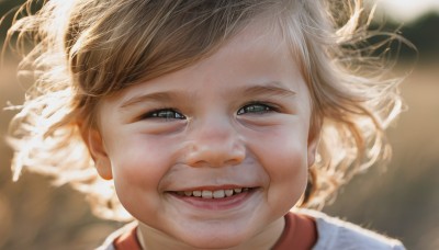 1girl,solo,looking at viewer,smile,short hair,open mouth,blue eyes,blonde hair,brown hair,shirt,1boy,male focus,teeth,blurry,lips,grey eyes,floating hair,depth of field,blurry background,wind,child,portrait,realistic,bangs,artist name,grin,eyelashes,half-closed eyes,messy hair,red shirt,close-up,backlighting,nose