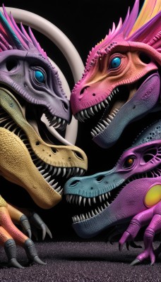 open mouth,blue eyes,yellow eyes,wings,teeth,tongue,looking at another,from side,no humans,fangs,sharp teeth,black background,claws,colored sclera,monster,realistic,dragon,scales,extra eyes,dinosaur,looking at viewer,crossover,slit pupils,kaijuu,multiple heads