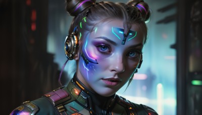 1girl,solo,looking at viewer,short hair,blue eyes,blonde hair,purple hair,multicolored hair,parted lips,hair bun,blurry,two-tone hair,lips,streaked hair,eyelashes,double bun,bodysuit,makeup,blurry background,glowing,headphones,facial mark,portrait,eyeshadow,headset,freckles,science fiction,realistic,nose,cyborg,cyberpunk,brown hair,black hair,uniform,depth of field,lipstick,close-up,cable,neon lights,hologram