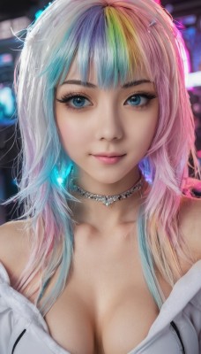 1girl,solo,long hair,breasts,looking at viewer,smile,bangs,blue eyes,blonde hair,large breasts,cleavage,bare shoulders,jewelry,medium breasts,closed mouth,blue hair,collarbone,upper body,pink hair,multicolored hair,choker,artist name,necklace,off shoulder,blurry,two-tone hair,lips,streaked hair,eyelashes,aqua hair,gradient hair,makeup,blurry background,web address,eyeshadow,freckles,realistic,nose,rainbow hair,earrings,green hair,hoodie,portrait