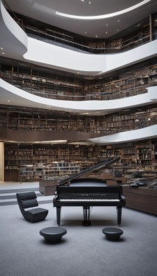 indoors,book,no humans,shadow,chair,instrument,scenery,bookshelf,stool,shelf,library,piano,ceiling light,grand piano,table,wooden floor,playing instrument