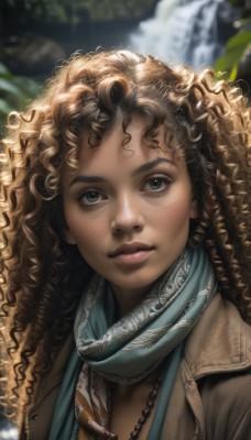 1girl,solo,long hair,looking at viewer,brown hair,brown eyes,jewelry,closed mouth,green eyes,upper body,outdoors,dark skin,necklace,scarf,blurry,dark-skinned female,lips,eyelashes,blurry background,wavy hair,portrait,freckles,curly hair,realistic,nose,waterfall,jacket,parted lips,day,artist name,water,watermark,sunlight