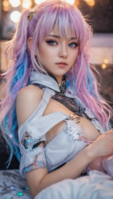 1girl,solo,long hair,breasts,looking at viewer,bangs,blue eyes,hair ornament,cleavage,bare shoulders,jewelry,medium breasts,blue hair,upper body,pink hair,multicolored hair,earrings,parted lips,artist name,blurry,two-tone hair,lips,clothing cutout,eyelashes,gradient hair,makeup,depth of field,blurry background,one side up,cleavage cutout,gem,realistic,nose,large breasts,dress,white dress,two side up,looking to the side