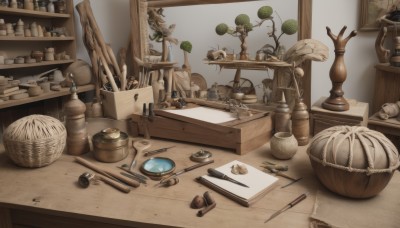 indoors,cup,book,no humans,chair,table,bottle,plant,box,scenery,desk,plate,paper,basket,pen,lamp,paintbrush,scissors,shelf,jar,still life,tree,fantasy,painting (object),wood,inkwell