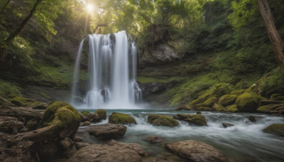 outdoors, day, water, tree, no humans, sunlight, nature, scenery, forest, light rays, rock, river, waterfall, stream