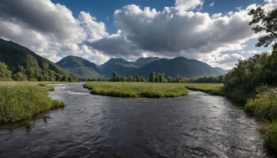 outdoors,sky,day,cloud,water,tree,blue sky,no humans,cloudy sky,grass,nature,scenery,forest,reflection,mountain,road,river,landscape,lake,path,sunlight