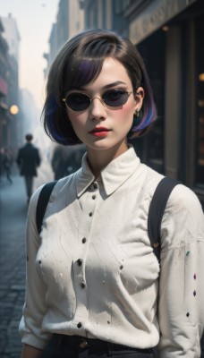 1girl,looking at viewer,blush,short hair,bangs,brown hair,shirt,black hair,long sleeves,jewelry,standing,white shirt,upper body,multicolored hair,earrings,outdoors,parted lips,solo focus,day,collared shirt,pants,artist name,bag,blurry,lips,makeup,buttons,depth of field,blurry background,swept bangs,black pants,sunglasses,bob cut,backpack,denim,lipstick,building,jeans,city,realistic,nose,arms at sides,red lips,aviator sunglasses,solo,breasts,blue eyes,medium breasts,closed mouth,dress shirt,facing viewer,shirt tucked in,road,street