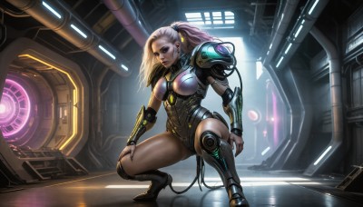 HQ,1girl,solo,long hair,breasts,looking at viewer,blonde hair,brown eyes,medium breasts,full body,ponytail,white hair,thighs,boots,indoors,spread legs,armor,leotard,lips,makeup,glowing,squatting,knee boots,high ponytail,shoulder armor,headset,science fiction,pauldrons,realistic,nose,vambraces,cable,shoulder pads,cyborg,robot joints,neon trim,cyberpunk,power suit,blue eyes,jewelry,pink hair,earrings,signature,high heels,fingernails,thick thighs,robot,breastplate,hand on own thigh,power armor