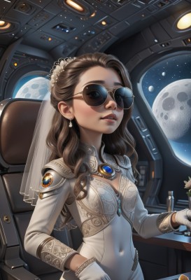 1girl,solo,long hair,breasts,looking at viewer,brown hair,hair ornament,gloves,long sleeves,dress,brown eyes,jewelry,sitting,flower,earrings,small breasts,parted lips,artist name,indoors,white gloves,signature,white dress,cup,lips,bodysuit,covered navel,night,moon,sunglasses,gem,star (sky),veil,drinking glass,science fiction,nose,bridal veil,space,planet,aviator sunglasses,cleavage,medium breasts,glasses,wavy hair,freckles,realistic,round eyewear,cockpit