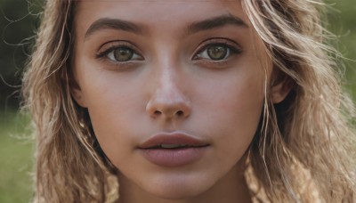 1girl,solo,long hair,looking at viewer,blonde hair,brown hair,brown eyes,green eyes,parted lips,teeth,blurry,lips,eyelashes,portrait,close-up,freckles,realistic,nose,messy hair