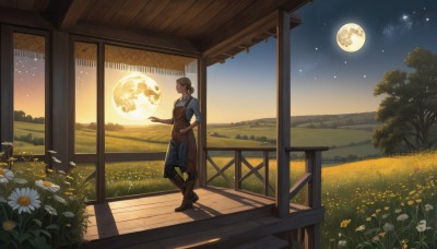 1girl,solo,short hair,brown hair,shirt,standing,flower,boots,outdoors,sky,pants,cloud,hair bun,apron,tree,night,brown footwear,moon,single hair bun,grass,plant,white flower,star (sky),night sky,scenery,full moon,starry sky,wooden floor,mountain,railing,planet,mountainous horizon,from side,shadow,blue shirt,sleeves rolled up,sunset,daisy