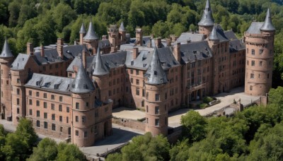 outdoors,sky,day,tree,no humans,building,nature,scenery,forest,city,fantasy,road,bush,architecture,house,bridge,river,castle,tower,watercraft,landscape