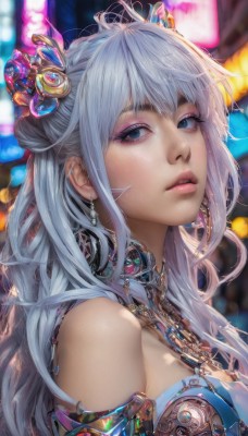 1girl,solo,long hair,breasts,looking at viewer,bangs,blue eyes,hair ornament,bare shoulders,jewelry,medium breasts,upper body,grey hair,earrings,parted lips,necklace,blurry,from side,lips,eyelashes,makeup,blurry background,piercing,gem,armlet,eyeshadow,realistic,nose,eyeliner,mascara,white hair,artist name,depth of field,portrait,close-up