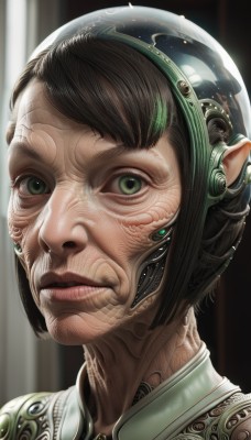 1girl,solo,looking at viewer,short hair,brown hair,black hair,closed mouth,green eyes,parted lips,teeth,pointy ears,blurry,lips,portrait,science fiction,veins,realistic,nose,android,cyborg,cyberpunk,1boy,male focus,multicolored hair,facial hair,headgear,helmet,close-up