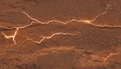 outdoors,sky,cloud,no humans,from above,traditional media,scenery,rock,electricity,lightning,landscape,orange theme,cliff,monochrome,pokemon (creature)