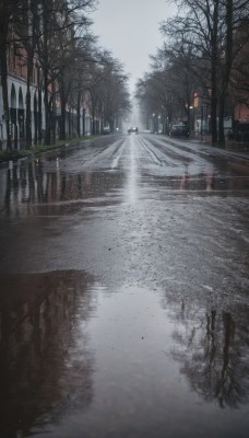 outdoors,sky,cloud,water,tree,no humans,ground vehicle,building,scenery,motor vehicle,snow,forest,reflection,rain,snowing,city,sign,car,road,winter,lamppost,bare tree,street,road sign,puddle,fog,grey sky,crosswalk,day,window,night,cloudy sky