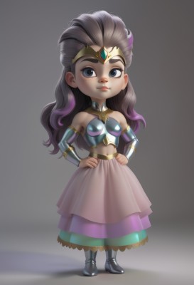 1girl,solo,long hair,breasts,looking at viewer,smile,blue eyes,skirt,simple background,brown hair,black hair,navel,bare shoulders,closed mouth,standing,full body,purple hair,grey hair,multicolored hair,small breasts,boots,detached sleeves,shiny,artist name,grey background,chibi,armor,tiara,gem,freckles,hands on hips,bracer,dress,midriff,lips,aged down,long skirt