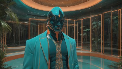 solo,1boy,jewelry,jacket,upper body,male focus,earrings,open clothes,indoors,dark skin,necklace,muscular,colored skin,helmet,pectorals,plant,star (sky),blue skin,alien,closed eyes,artist name,open jacket,tree,tattoo,mask,abs,scenery,science fiction,bald