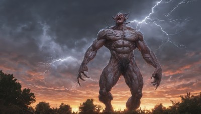 solo,looking at viewer,open mouth,1boy,standing,male focus,thighs,outdoors,horns,sky,teeth,cloud,tree,pubic hair,no humans,muscular,glowing,thick thighs,abs,cloudy sky,muscular male,nature,glowing eyes,claws,forest,veins,sunset,monster,giant,lightning,demon,full body,nude,completely nude,pectorals,sharp teeth,no pupils,horror (theme)