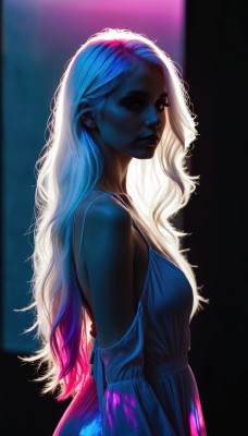 1girl,solo,long hair,breasts,looking at viewer,dress,bare shoulders,medium breasts,closed mouth,blue hair,upper body,pink hair,white hair,multicolored hair,detached sleeves,dark skin,from side,dark-skinned female,lips,gradient hair,makeup,blue dress,wavy hair,backlighting,nose,artist name,looking to the side,thick eyebrows,curly hair,spaghetti strap,light,very dark skin,sidelighting